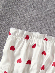 Heart Print Pajama Set Strapless Tube Top & Ruffle Shorts