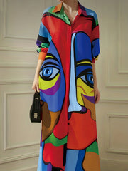 Abstract Face Print Dress Boho V Neck Long Sleeve Maxi Dress Women's Clothing