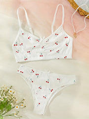 Cherry Print Bra & Panties Wireless Bra & Bow Tie Panties Set
