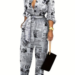 Newspaper Print Tie Front Jumpsuit Casual Button Down One Piece Jumpsuit