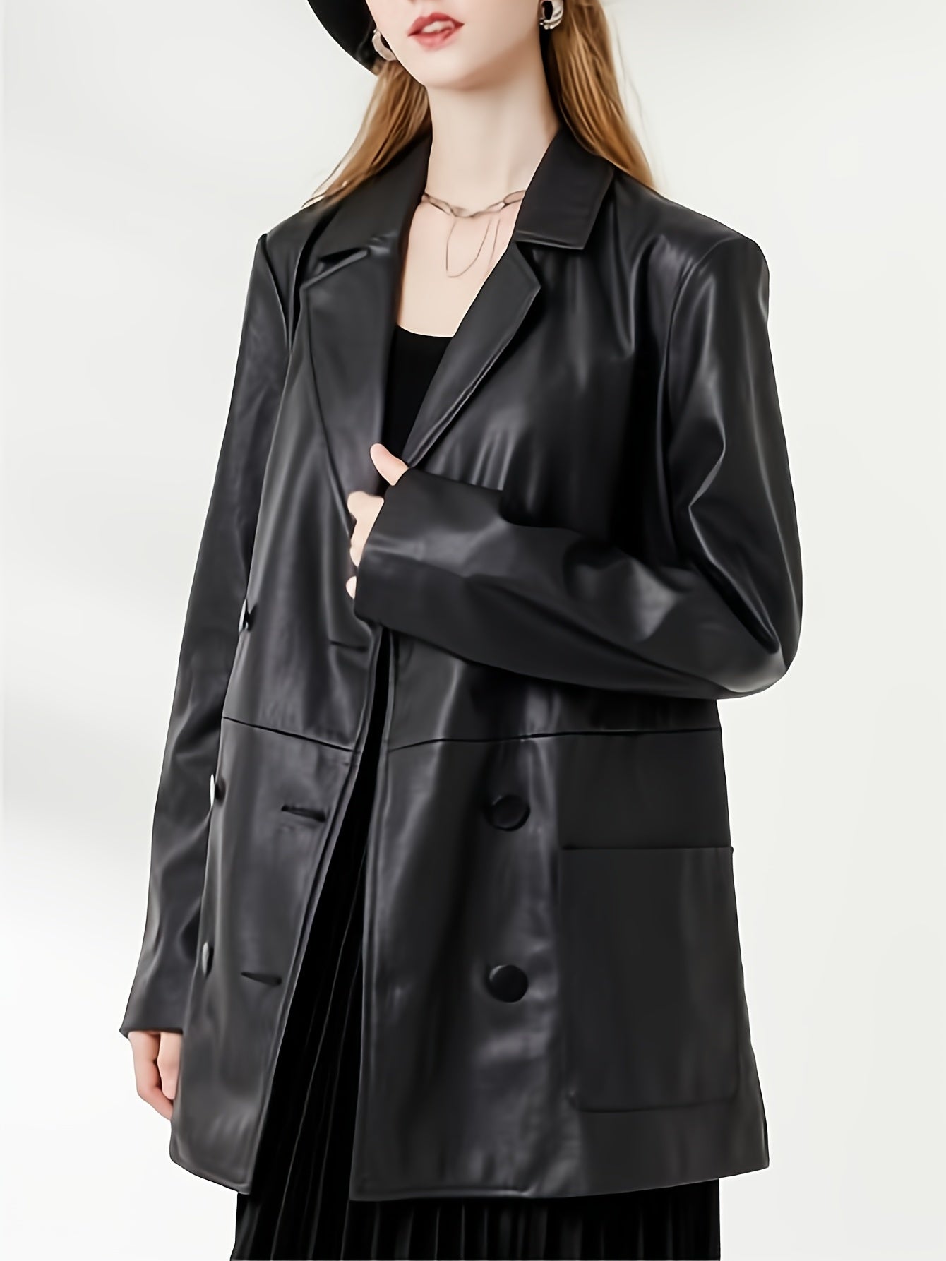 Faux Leather PU Blazer Coat Casual Long Sleeve Loose Blazer