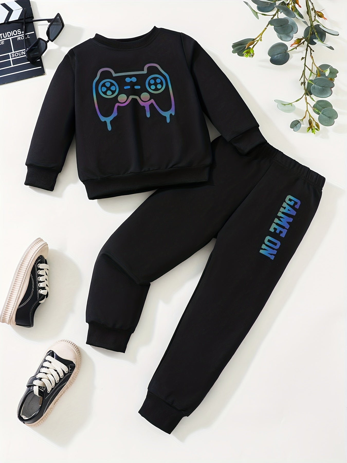 Boys' Gamepad Graphic Sweatshirt & Pants Set Spring Fall Outfit
