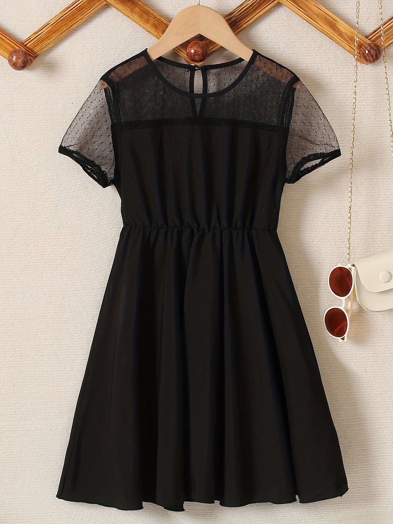 Girl's Contrast Mesh Short Sleeve A Line Dress For Party Beach Vacation