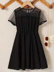 Girl's Contrast Mesh Short Sleeve A Line Dress For Party Beach Vacation
