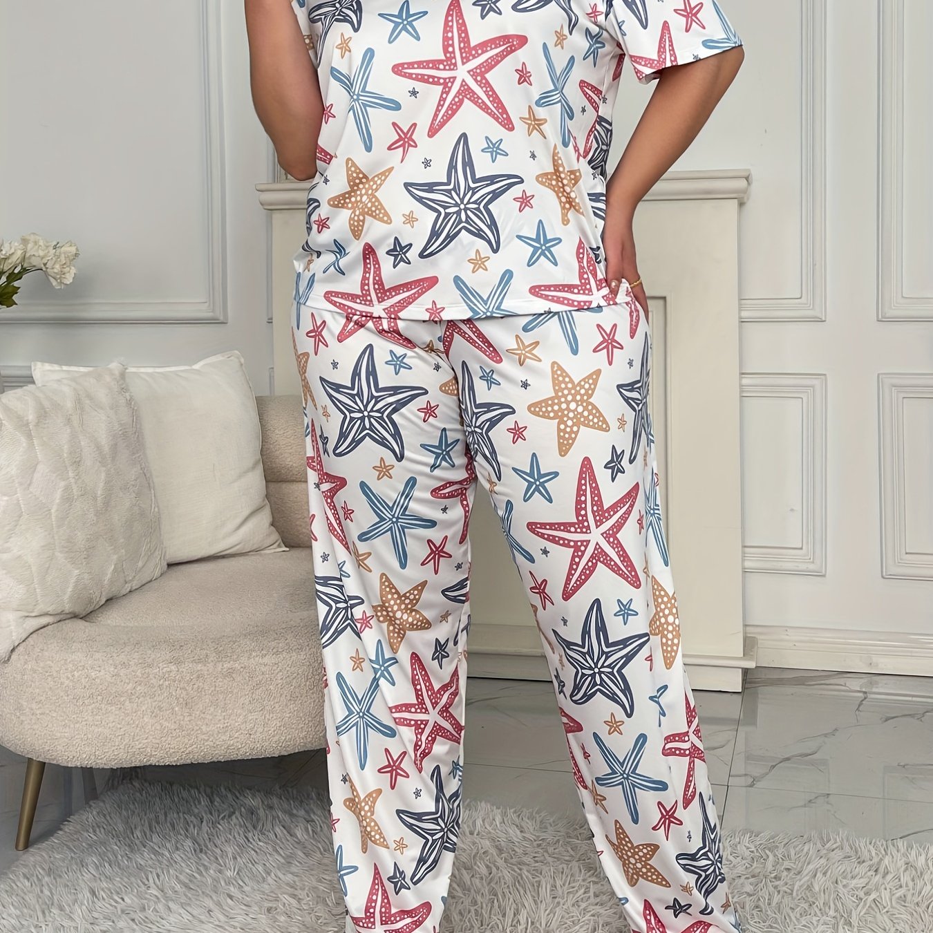 Starfish Print Tee & Pants Set Marine Graphic Pajamas