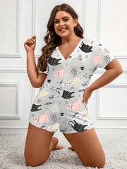 Cat & Letter Print V Neck Romper