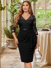 Lace Sleeve V-Neck Ruffle Trim Midi Dress