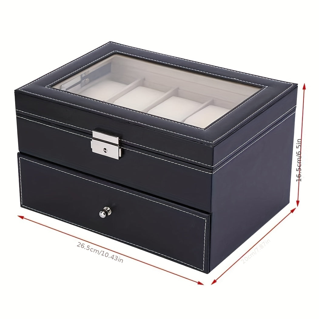 2-Layer Watch Storage Box 20 Watches Leather Case Lock