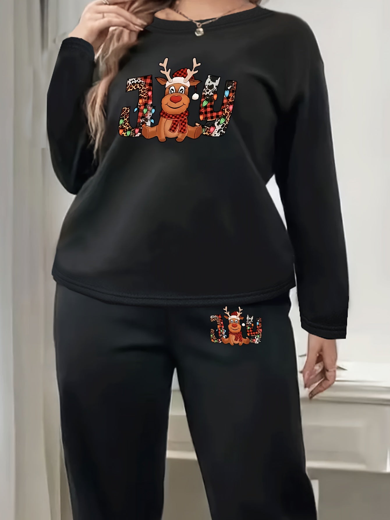 Women's Plus Reindeer Print Long Sleeve Top & Joggers Pajamas