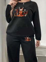 Women's Plus Reindeer Print Long Sleeve Top & Joggers Pajamas