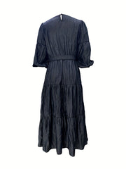 Ruched Puff Sleeve High Waist Dress Women's Clothing
