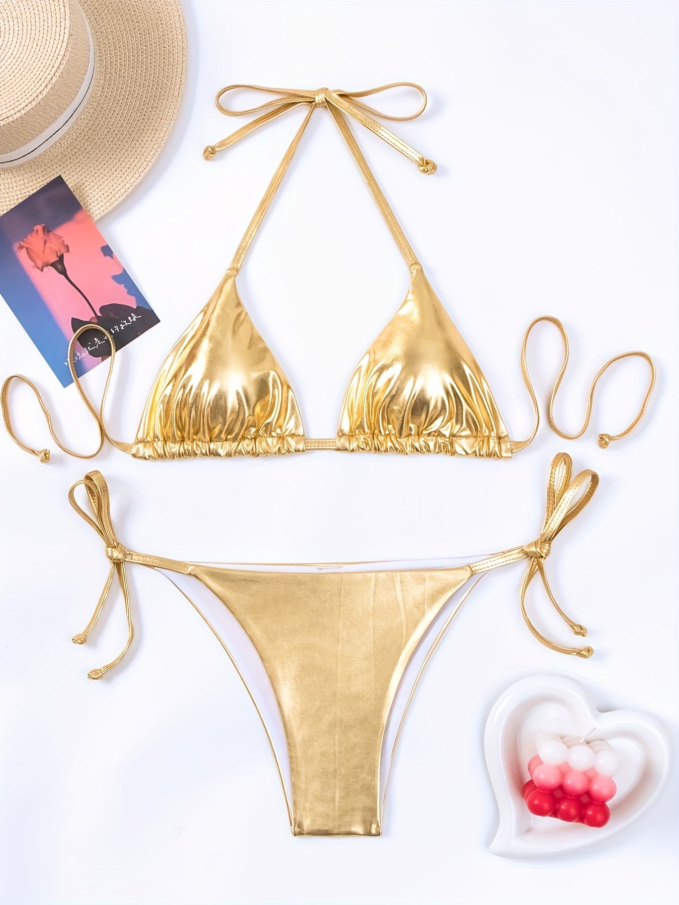 V Neck Bikini Set Backless Tie Side Swimsuit Women's Swimwear