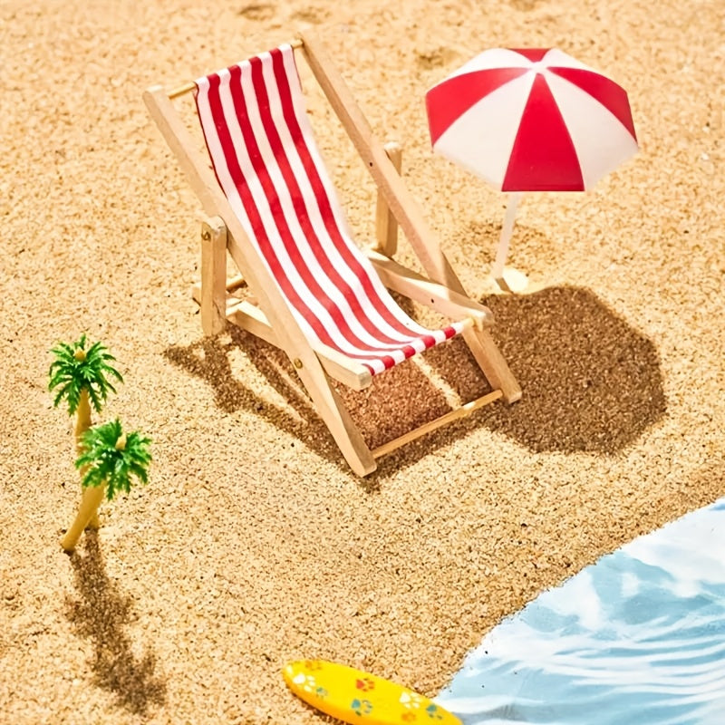Wooden Beach Chairs Folding Red Striped for Dollhouses