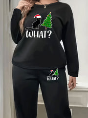Christmas Lounge Set Women's Plus Christmas Tree & Funny Cat Print Lon