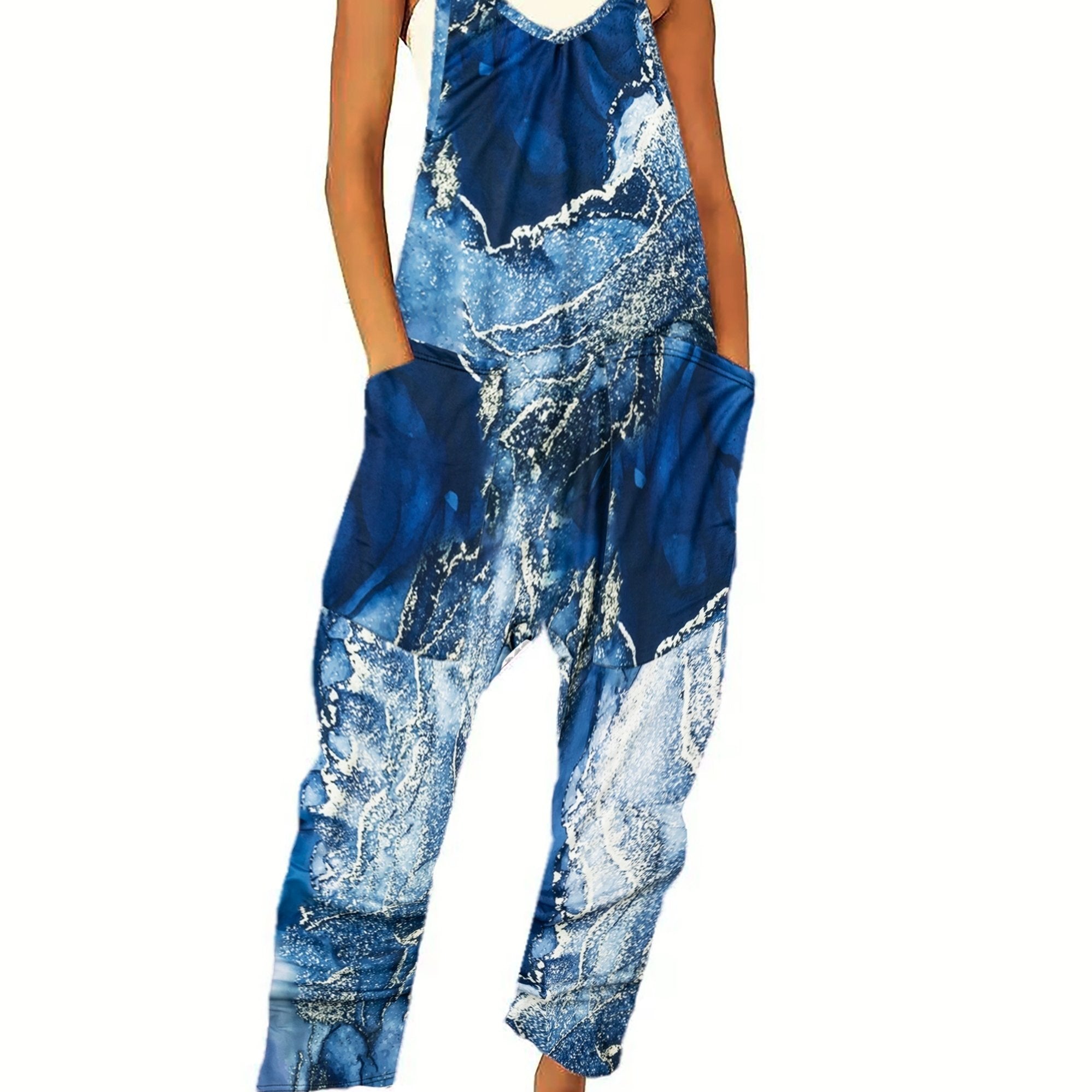 Marble Print Dual Pockets Overall Jumpsuit