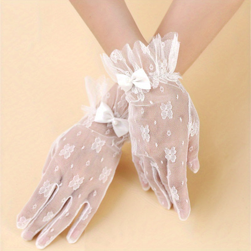 Short Lace Gloves Bowknot Ruffles for Bridal Wedding Dress