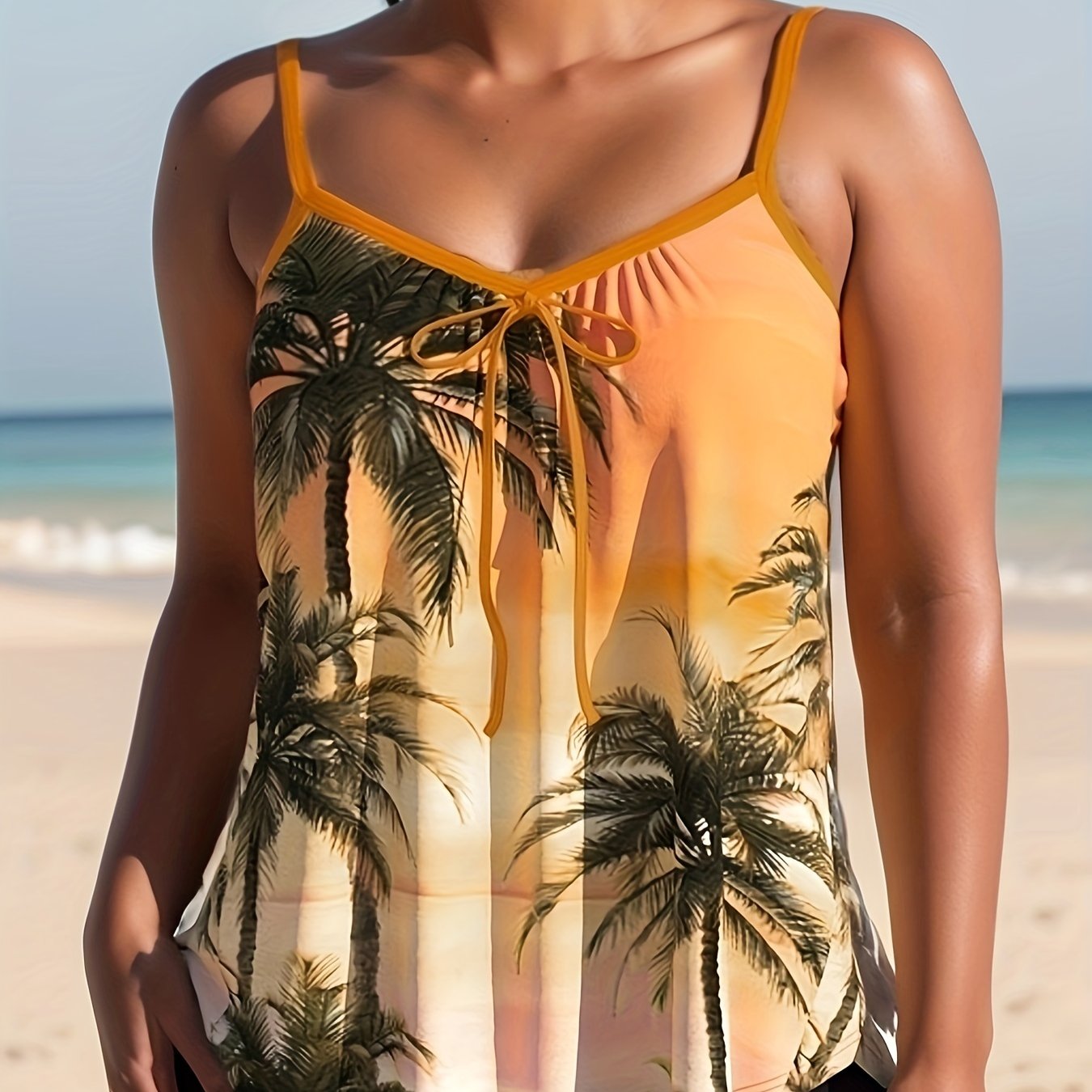 Tropical Print Tankini Set Plus Size Women's V Neck Tie Front Cami Top & Boyshor