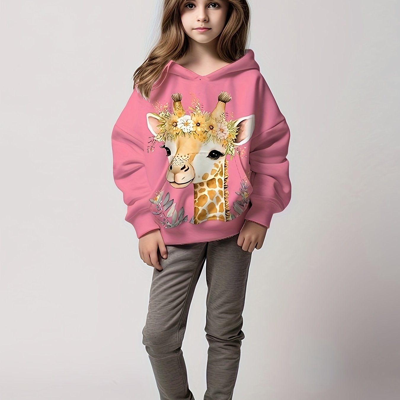 Giraffe Print Hoodies Girls Comfy Pocket Pullover Kids Clothes Gift Christmas