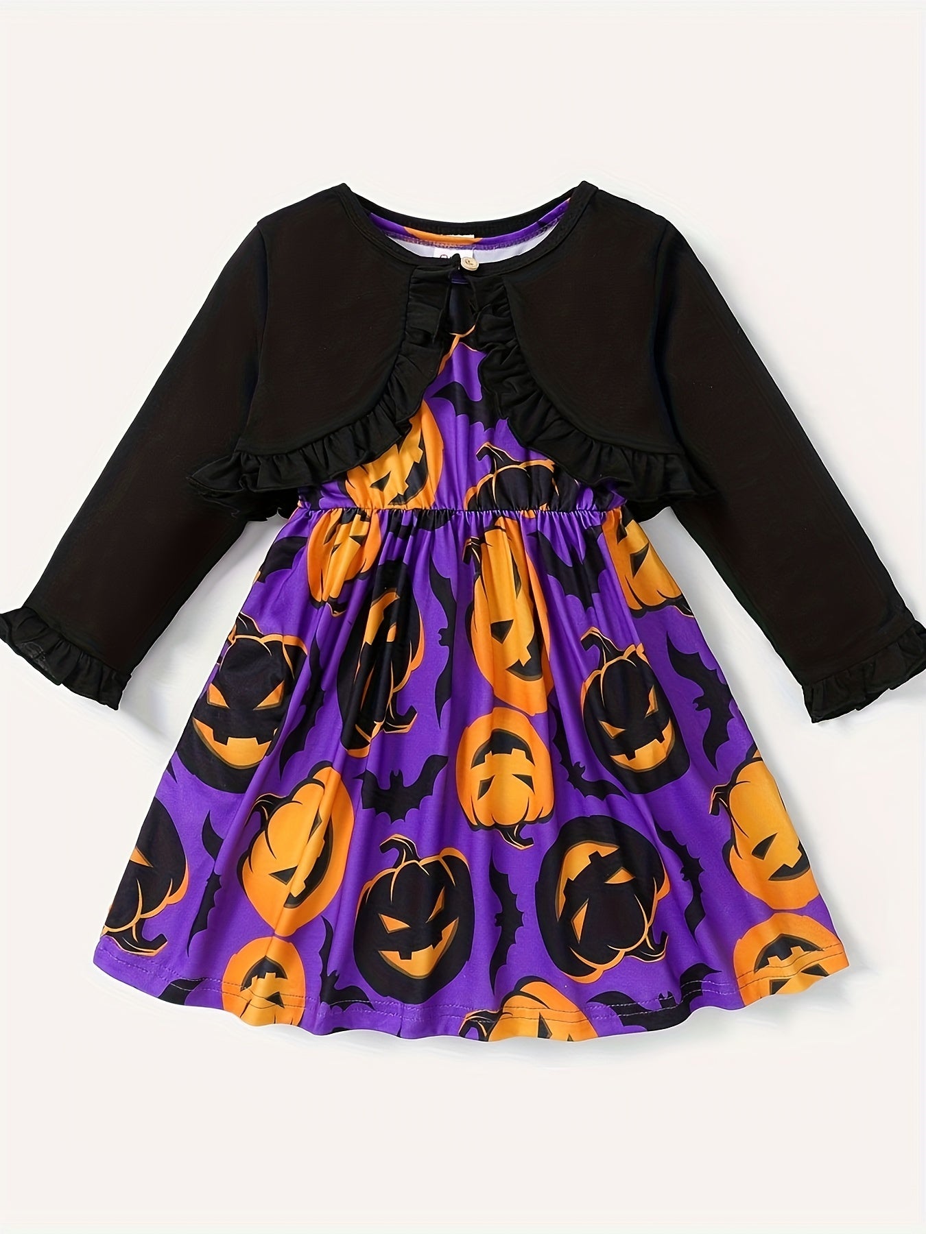 2pcs Toddler Girls Halloween Sets - Ruffle Trim Cardigan & Pumpkin Dress