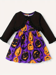 2pcs Toddler Girls Halloween Sets - Ruffle Trim Cardigan & Pumpkin Dress