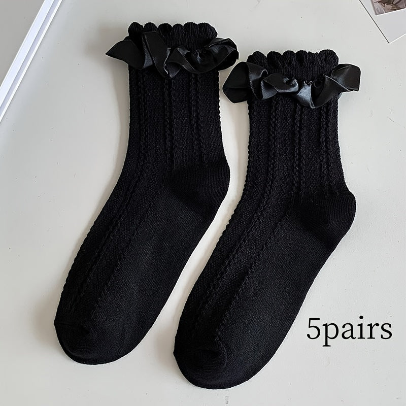 5 Pairs Ruffle Solid Socks Comfy Women's Stockings