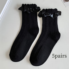 5 Pairs Ruffle Solid Socks Comfy Women's Stockings