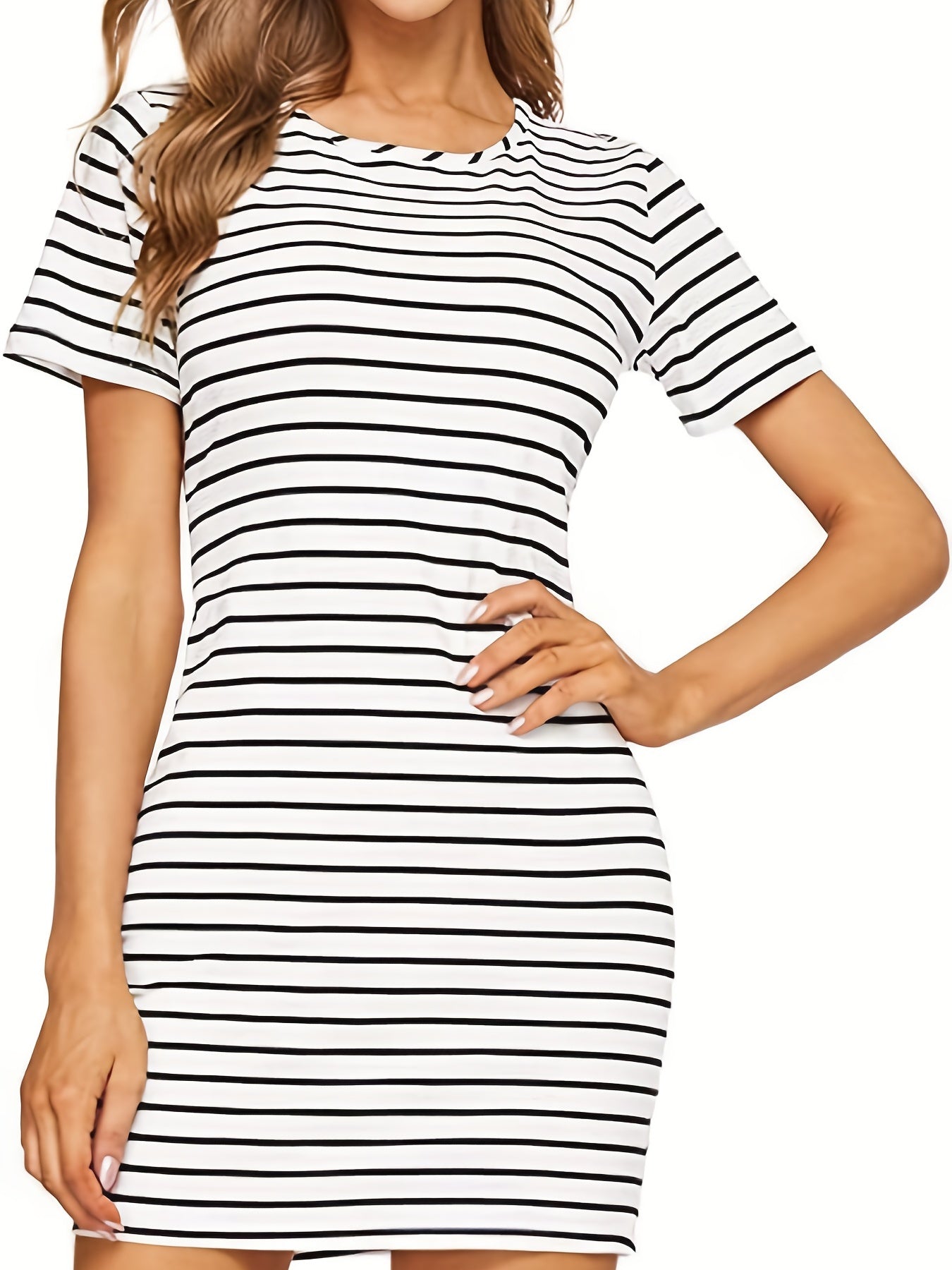Striped Print Dress Crew Neck Short Sleeve Summer Dress Women's Clothing