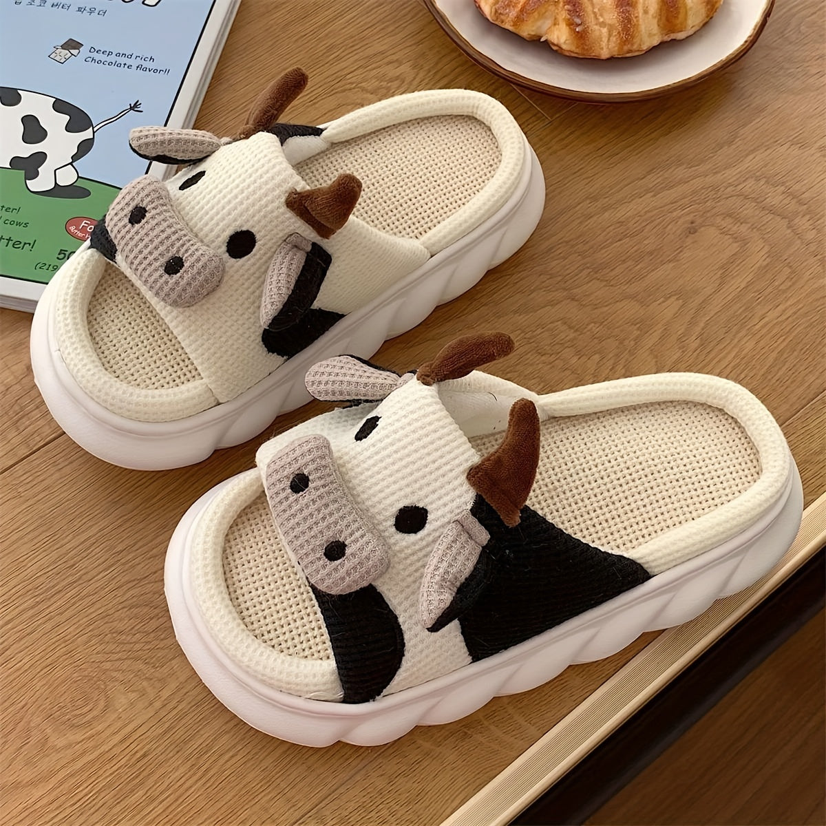 Cartoon Cow Indoor Slippers Open Toe Linen Platform Shoes