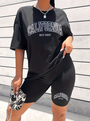 Letter Print Two-piece Set Casual T-shirt & Skinny Shorts Outfits