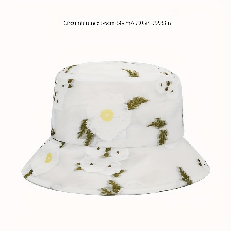 Flower Print Mesh Bucket Hat Thin Embroidery Basin Hat Sunscreen Fisherman Cap