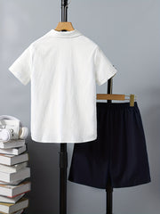 Boys DARE TO START Graphic Print Short Sleeve Lapel Shirt&Shorts Set