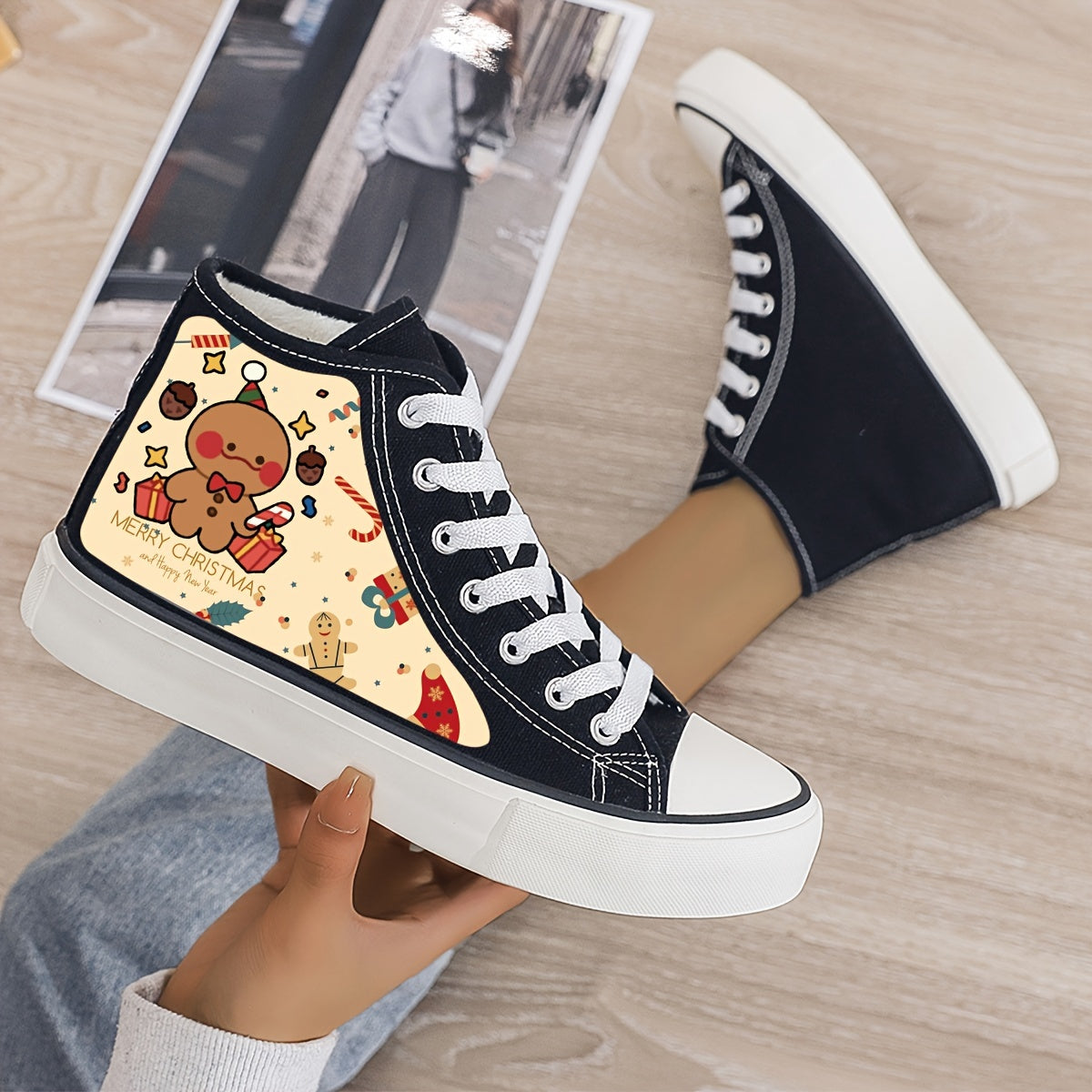 Christmas Cartoon Print Plush Lined Thermal Chunky Canvas Sneakers