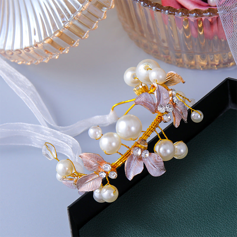 Adjustable Faux Pearl & Leaf Decor Bracelet for Bridal Wedding Parties