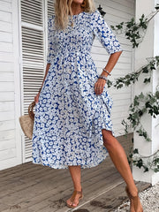 Boho Dress Women's Floral Print Shirred Sleeve Round Neck Maxi Dress