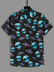 Alien And Planet Pattern Men's Short Sleeve Shirt For Autumn
