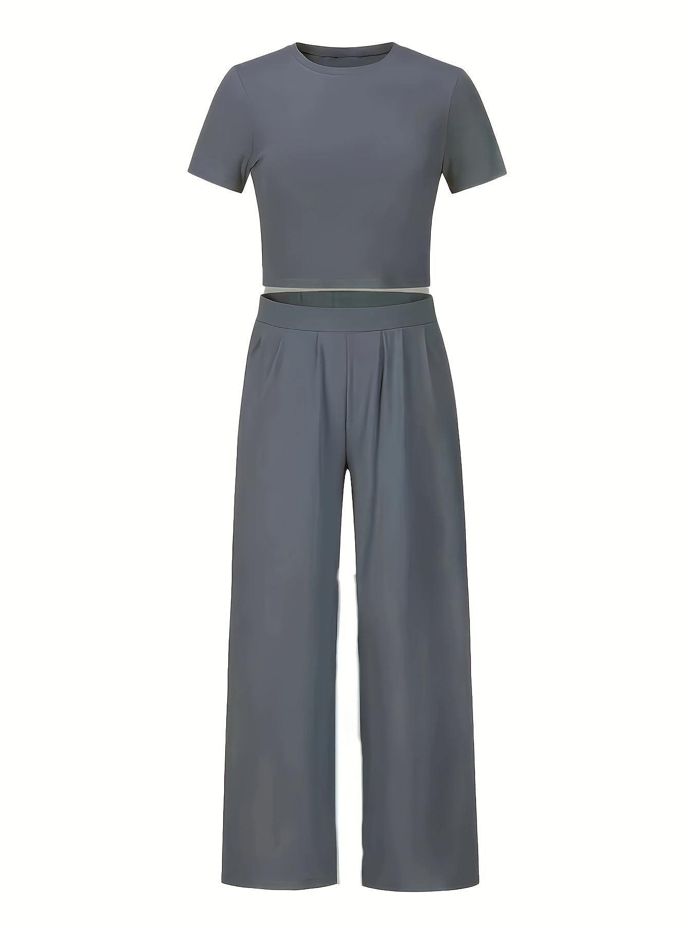 2 Piece Set Women's Solid Crop Tee & Loose Pants