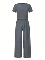 2 Piece Set Women's Solid Crop Tee & Loose Pants