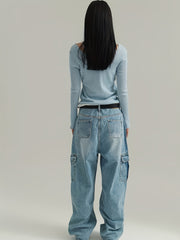 High Rise Loose Baggy Denim Cargo Pants Floor Length