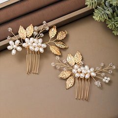Golden Leaf Pearl Hair Pin Floral Wedding Hair Accessories