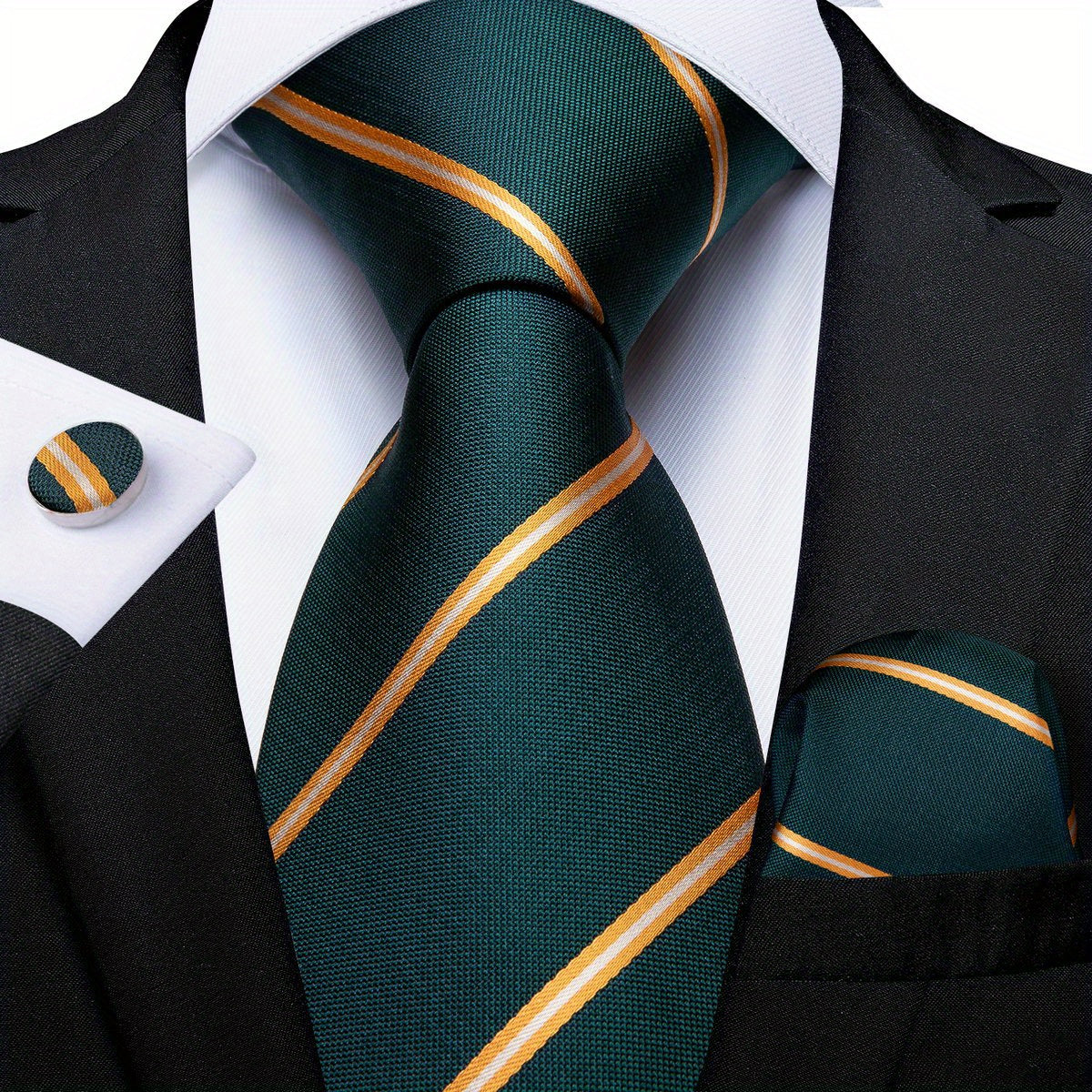 Men's Green Paisley Striped Silk Woven Necktie Set