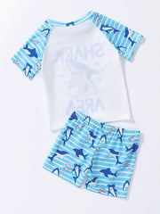 Boys Cartoon Shark Print Swimming Suit Trunks & Tops for Beach Vacation