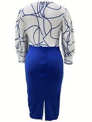 Abstract Print Split Dress Lantern Sleeve Crew Neck