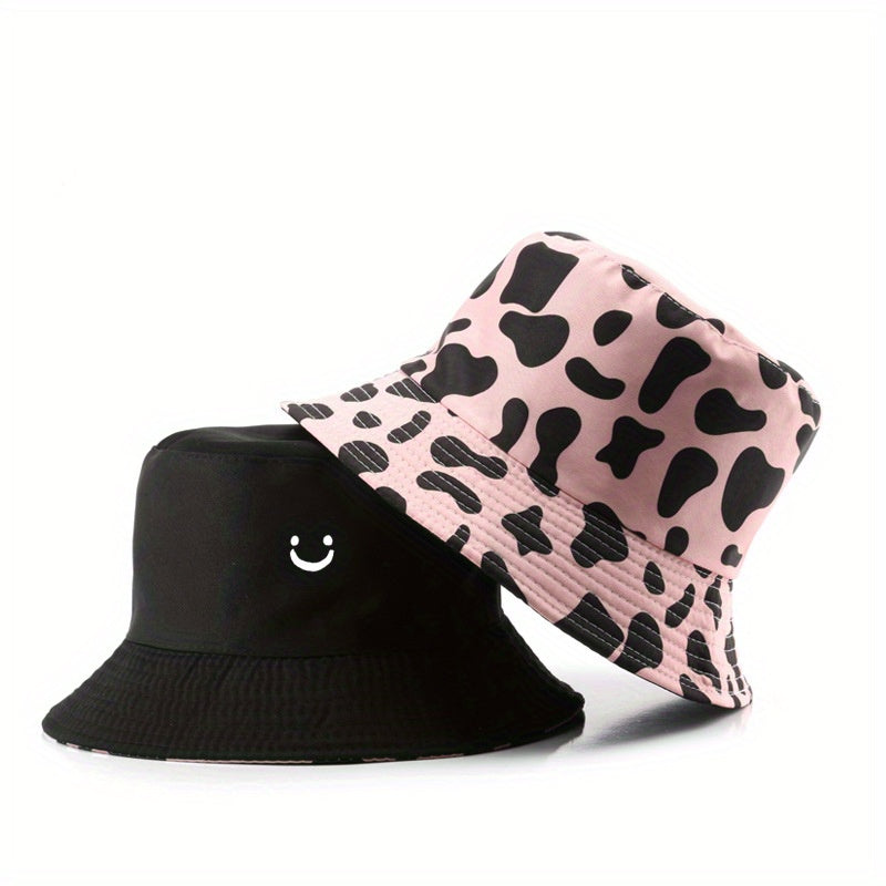 Cow Pattern Reversible Bucket Hat Smiling Face Embroidery Basin Hat