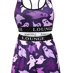 Ghost Print Letter Tape Bra & Shorts Set