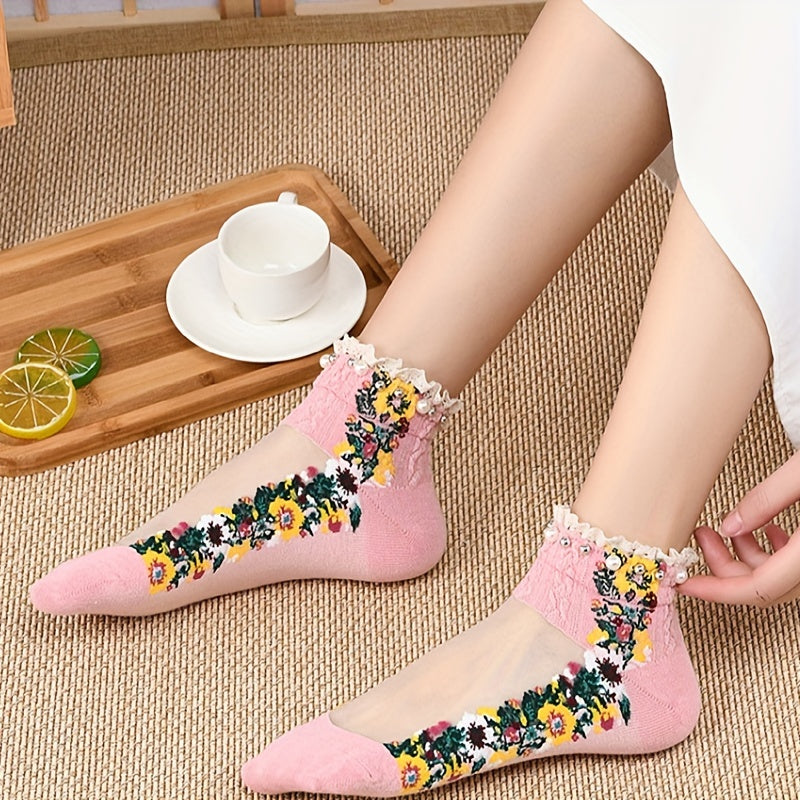 Faux Pearl Lace Trim Ankle Socks Soft Women's Stockings