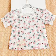 Girls Pink Fruit Full Print Lace Square Neck Short Sleeve Shirt