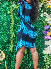 Tie Dye Button Up Bat Sleeve Shirt Dress With Belt