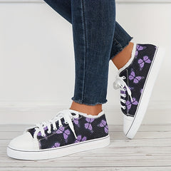 Purple Butterfly Print Lace Up Canvas Sneakers Low Cut Flat Board Shoes
