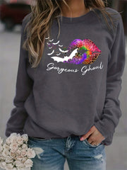 Gorgeous Ghoul Print Sweatshirt Crew Neck Women's Clothing