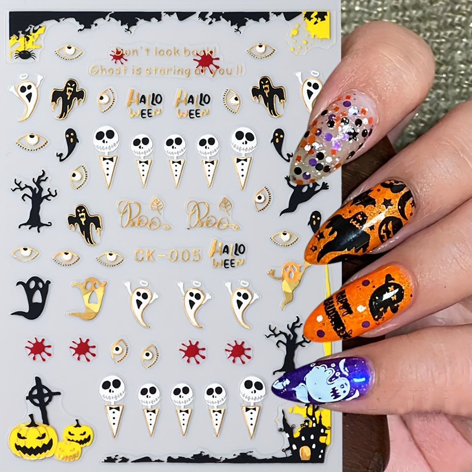 12pcs Halloween Nail Art Stickers 3D Laser Pumpkin Ghost Spider Skull Decals